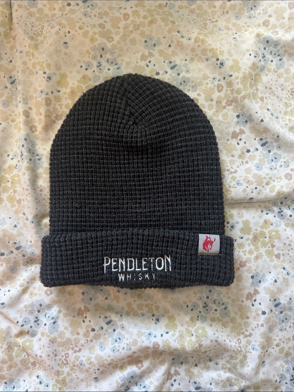 Pendleton Black Waffle Knit Beanie with White Embroidered Logo